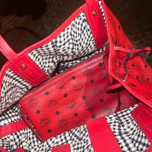 Authentic MCM Visetos Reversible Red Tote w/small bag